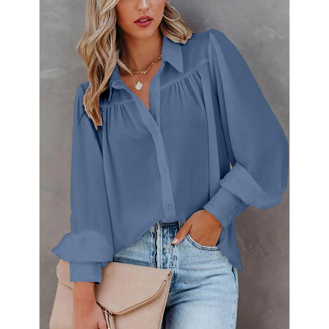 Womens Blouse Shirt Plain Button Long Sleeve Image 2