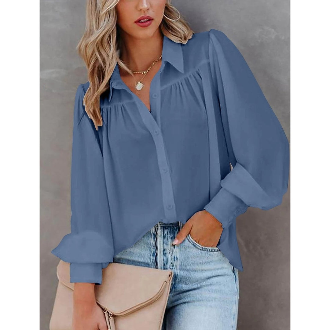 Womens Blouse Shirt Plain Button Long Sleeve Image 1