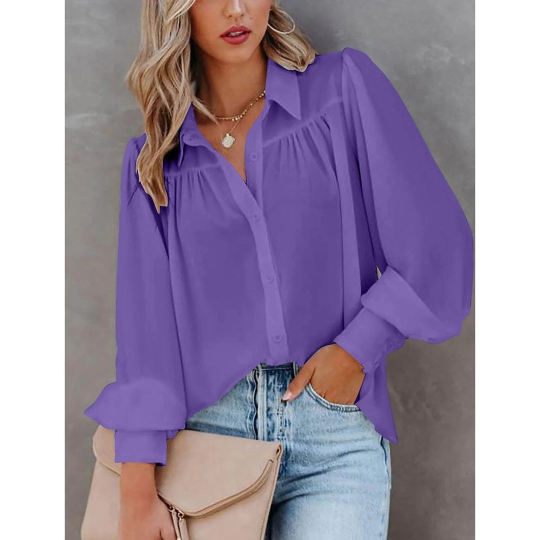 Womens Blouse Shirt Plain Button Long Sleeve Image 3