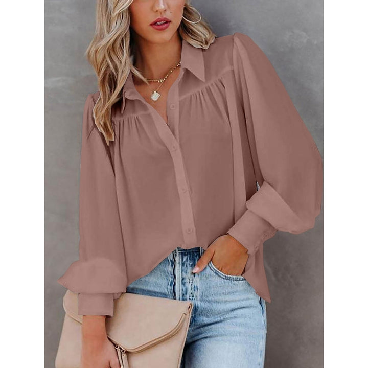 Womens Blouse Shirt Plain Button Long Sleeve Image 4