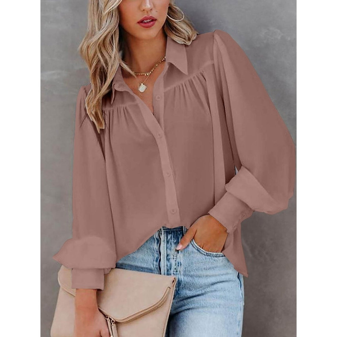 Womens Blouse Shirt Plain Button Long Sleeve Image 1