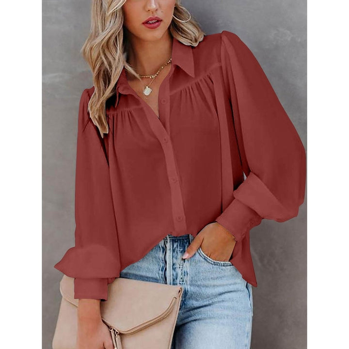 Womens Blouse Shirt Plain Button Long Sleeve Image 4