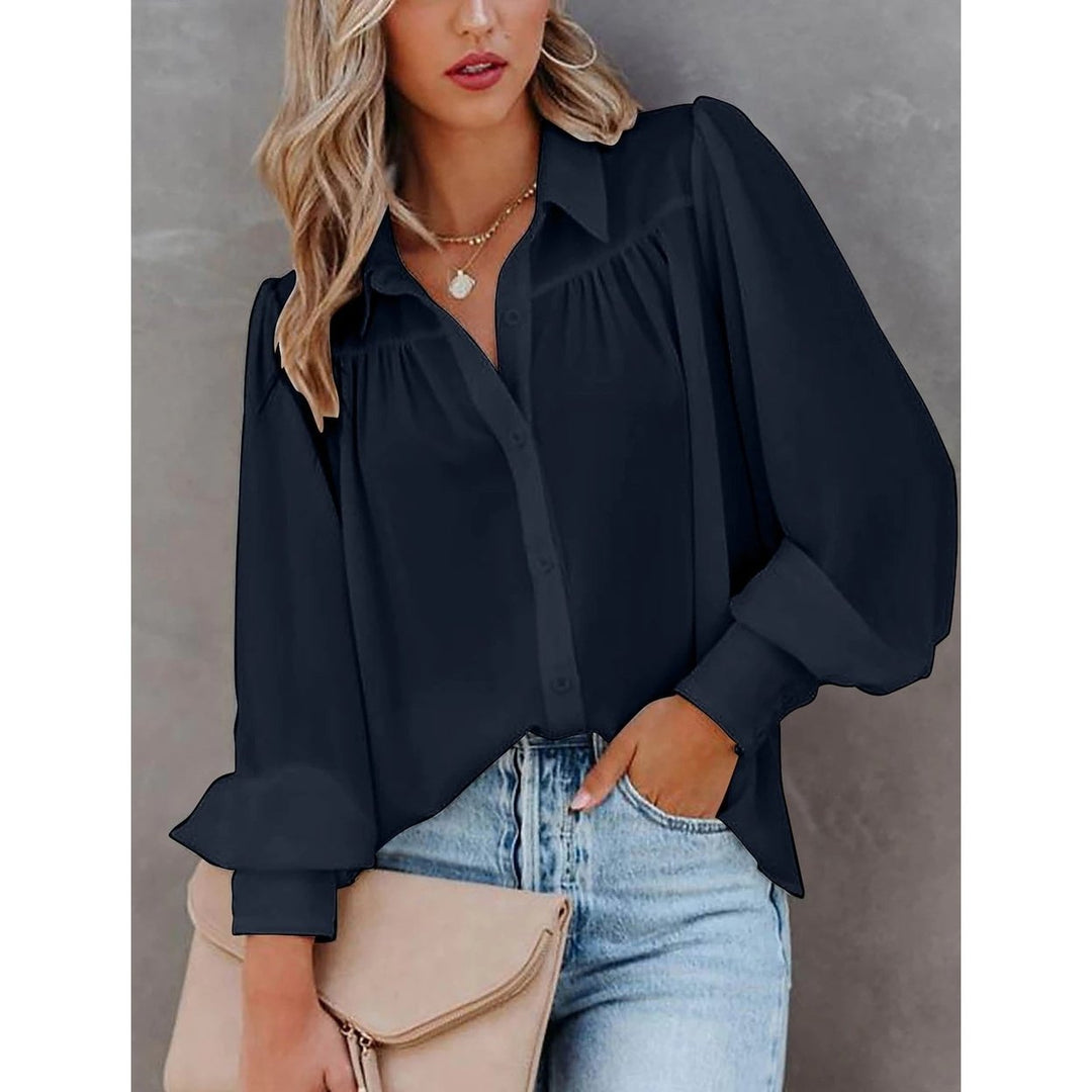 Womens Blouse Shirt Plain Button Long Sleeve Image 6