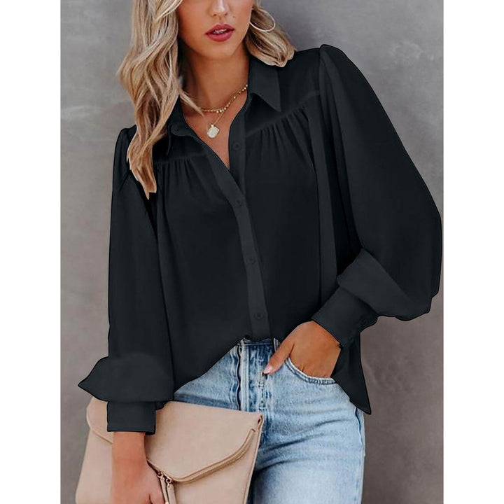 Womens Blouse Shirt Plain Button Long Sleeve Image 1