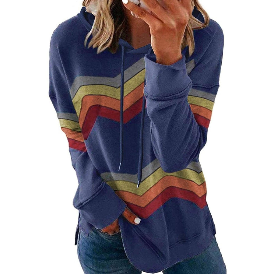 Womens Casual Hoodie Striped Printed Sweatshirts Long Sleeve Drawstring Pullover Image 1