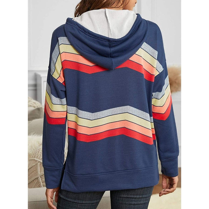 Womens Casual Hoodie Striped Printed Sweatshirts Long Sleeve Drawstring Pullover Image 2