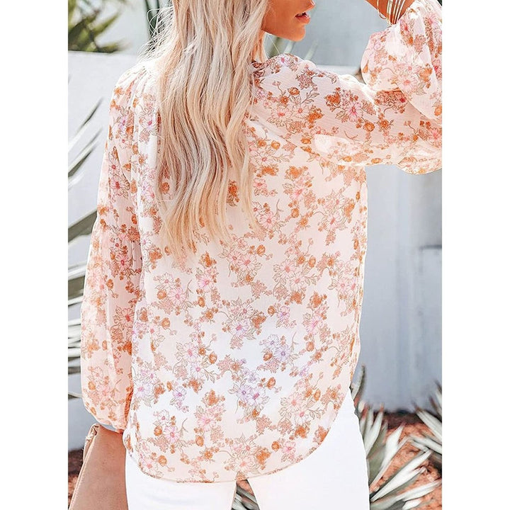 Womens Casual Boho Floral Print V Neck Long Sleeve Loose Blouse Image 3