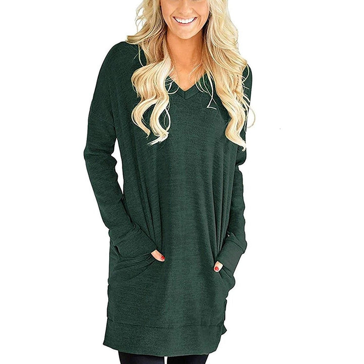 Womens Casual Long Sleeves Solid V-Neck Tunics Shirt Tops with Pockets Image 3