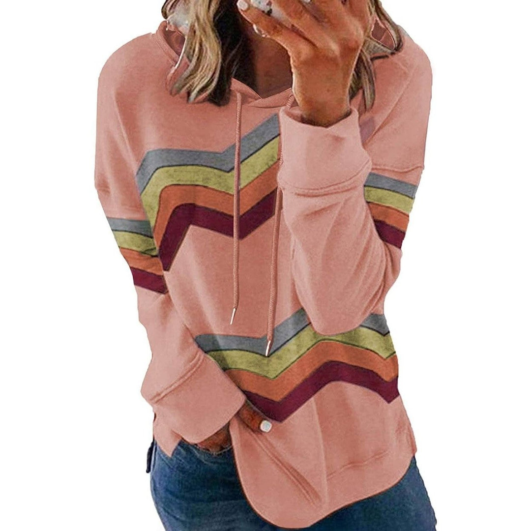 Womens Casual Hoodie Striped Printed Sweatshirts Long Sleeve Drawstring Pullover Image 4