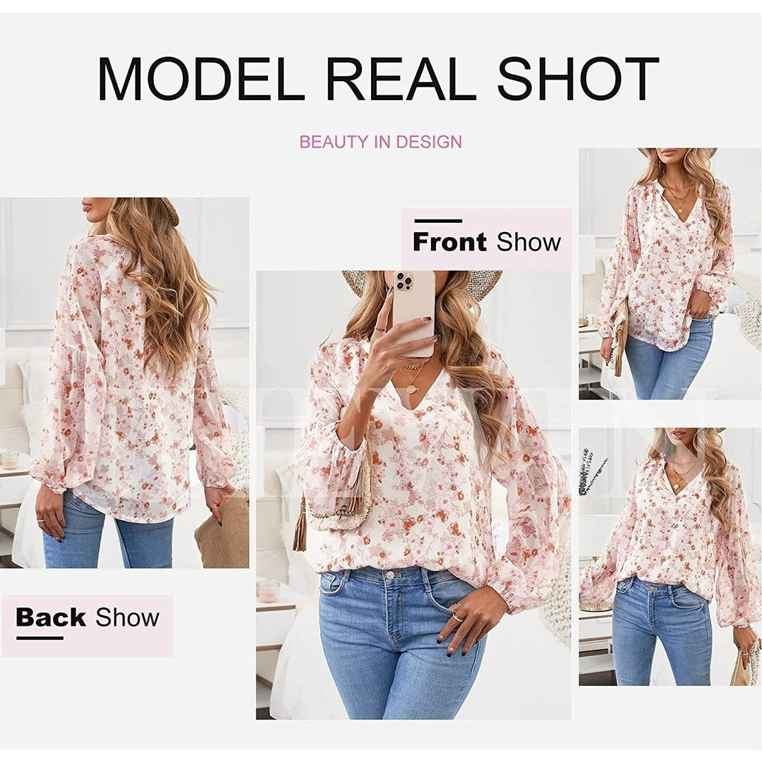 Womens Casual Boho Floral Print V Neck Long Sleeve Loose Blouse Image 4