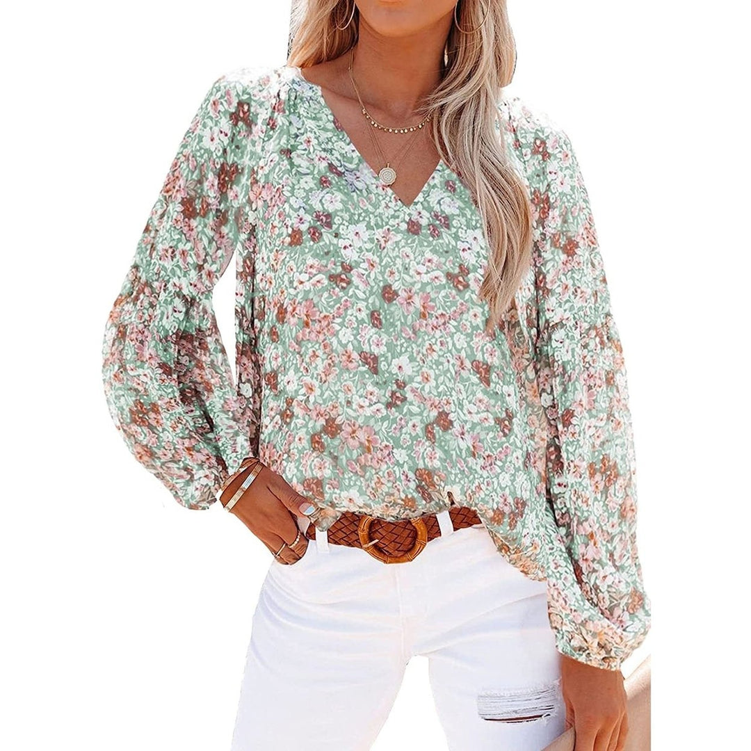 Womens Casual Boho Floral Print V Neck Long Sleeve Loose Blouse Image 4