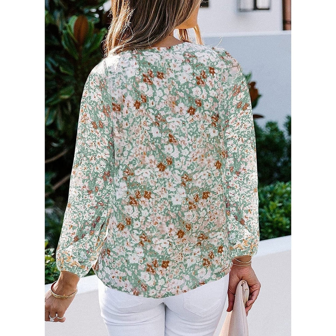 Womens Casual Boho Floral Print V Neck Long Sleeve Loose Blouse Image 6