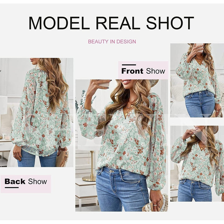 Womens Casual Boho Floral Print V Neck Long Sleeve Loose Blouse Image 7