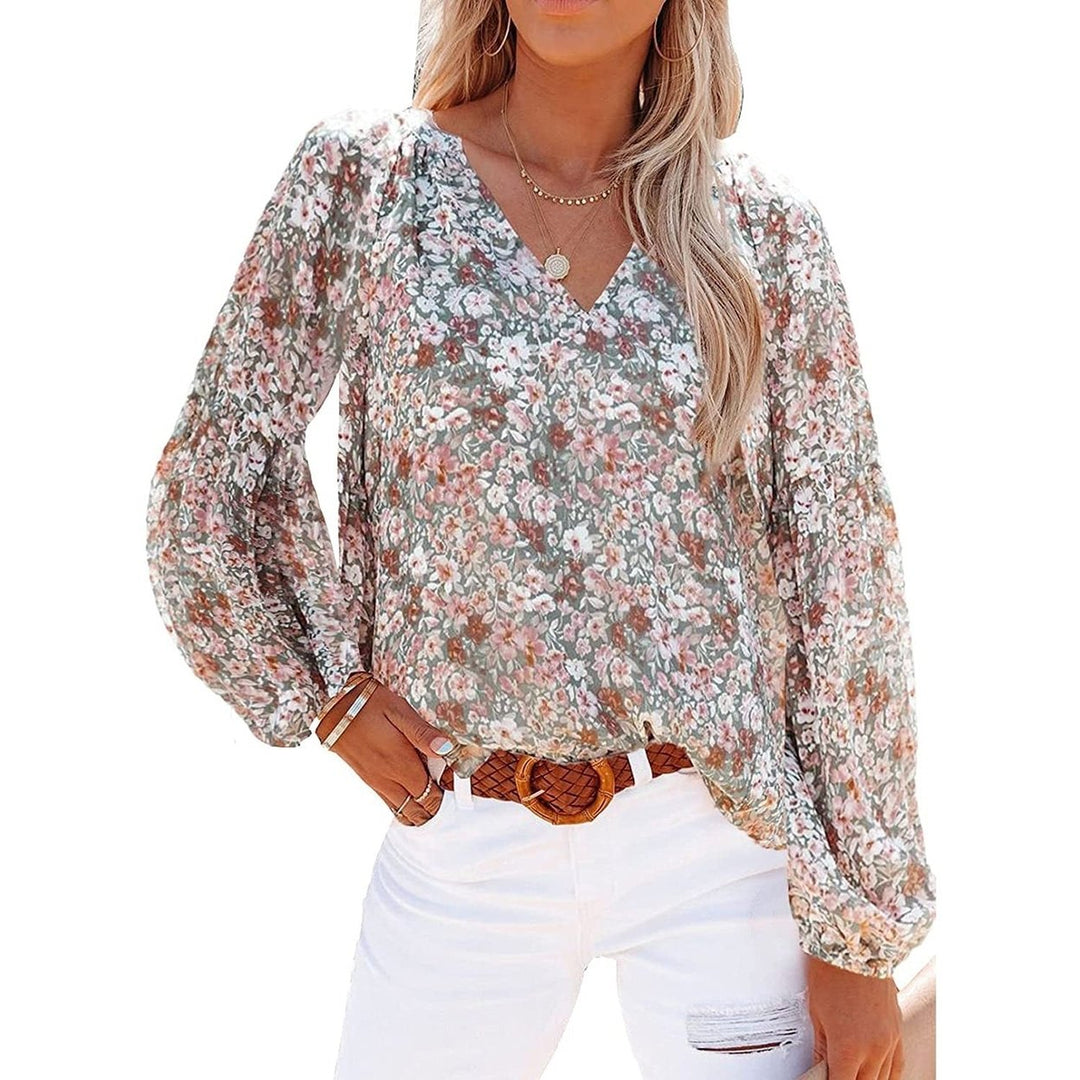 Womens Casual Boho Floral Print V Neck Long Sleeve Loose Blouse Image 8