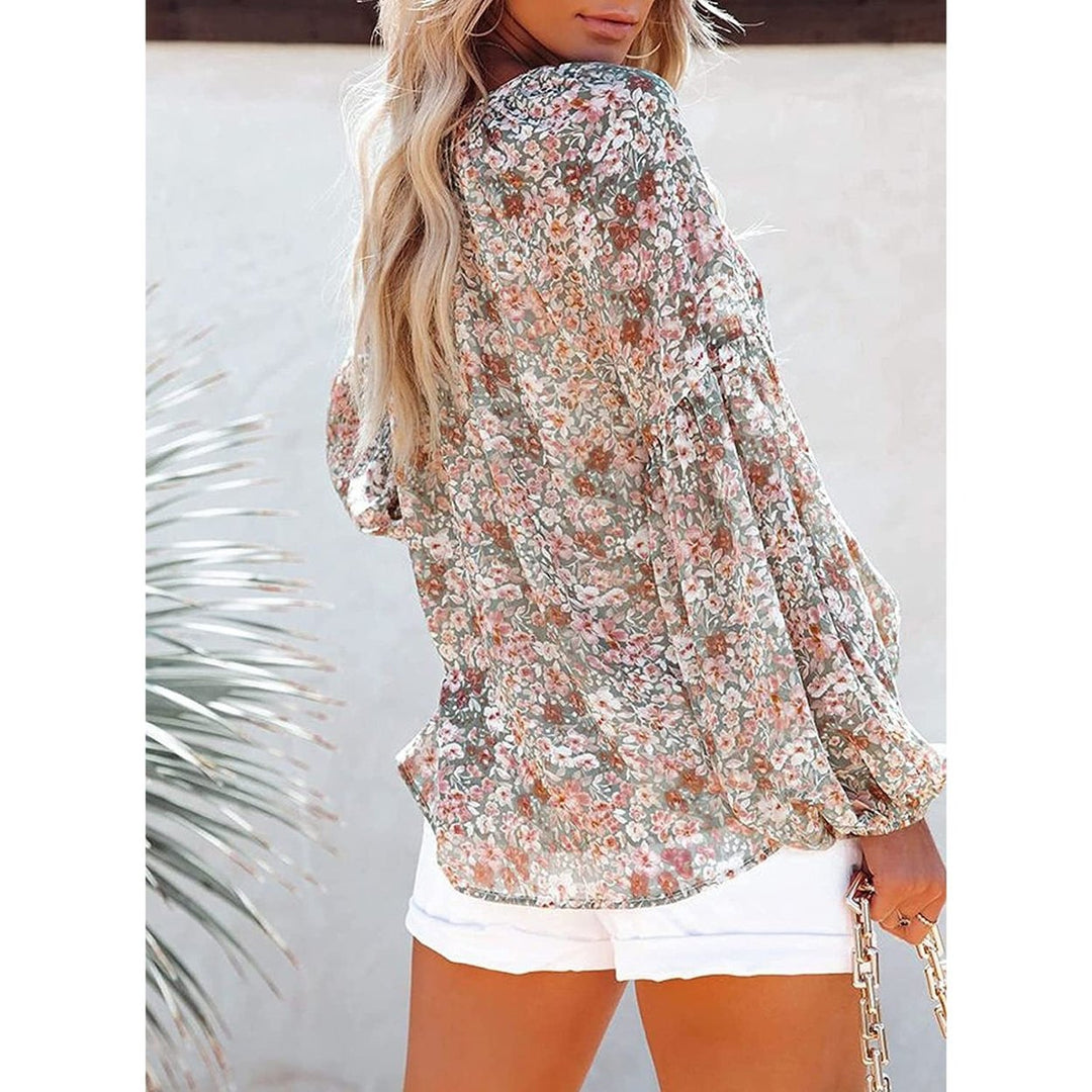 Womens Casual Boho Floral Print V Neck Long Sleeve Loose Blouse Image 9