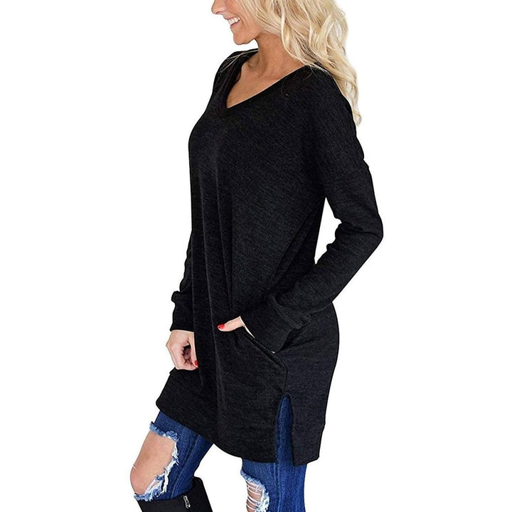 Womens Casual Long Sleeves Solid V-Neck Tunics Shirt Tops with Pockets Image 6