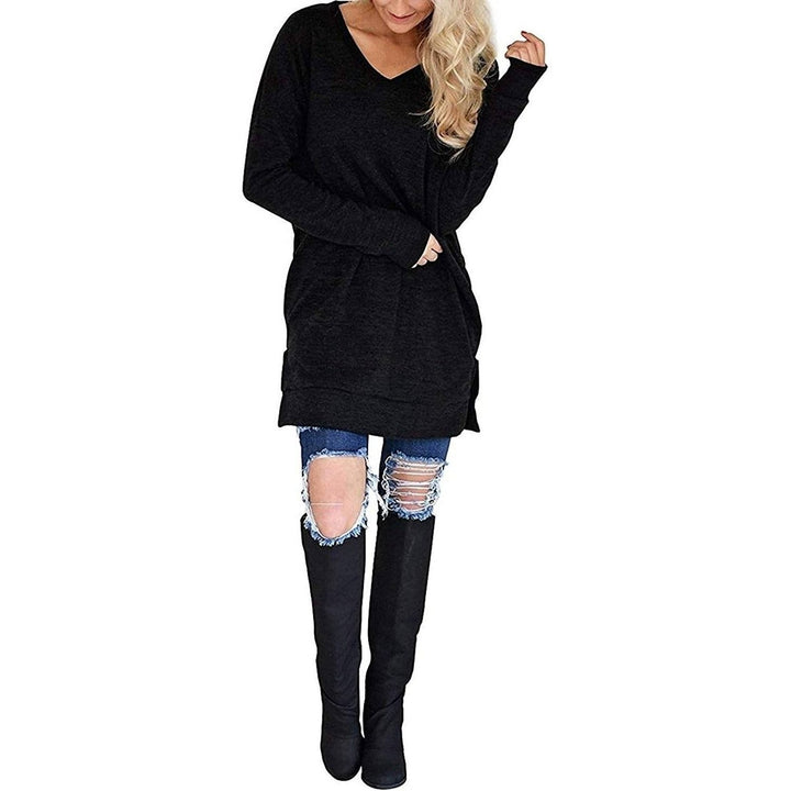 Womens Casual Long Sleeves Solid V-Neck Tunics Shirt Tops with Pockets Image 8