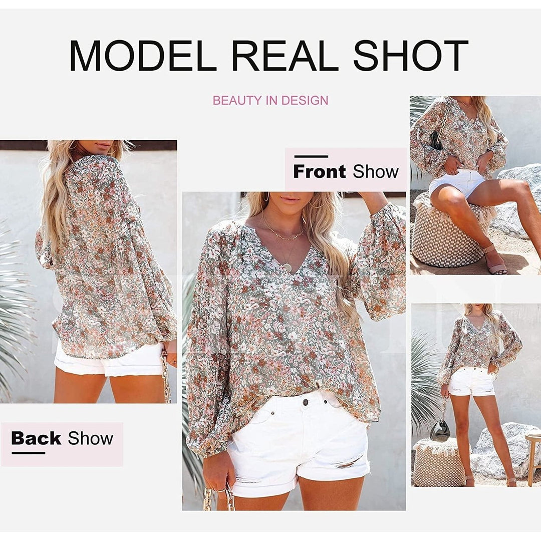 Womens Casual Boho Floral Print V Neck Long Sleeve Loose Blouse Image 10