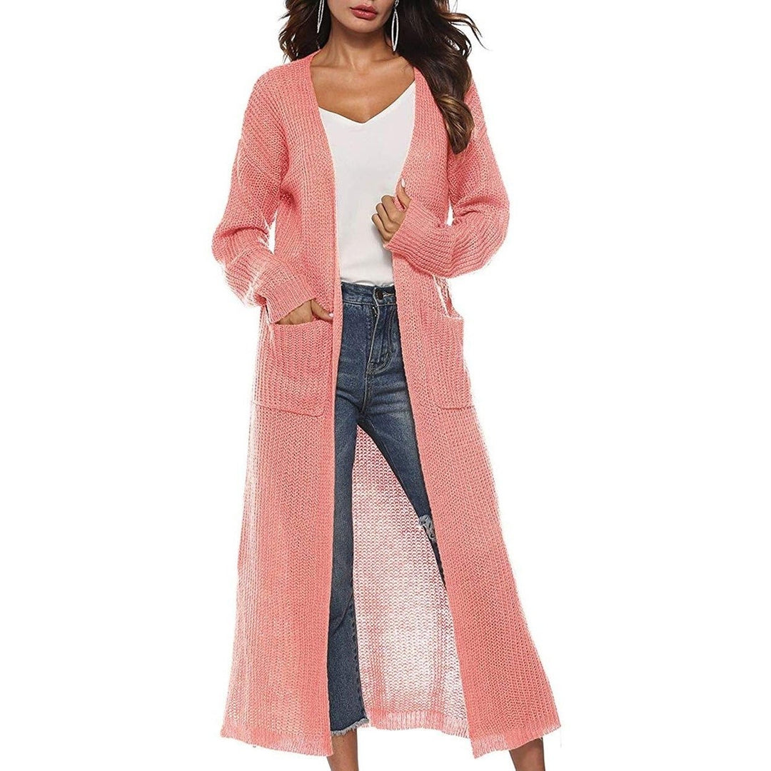 Womens Casual Long Sleeve Split Open Cardigan Knit Long Cardigan Sweaters with Pockets Image 1