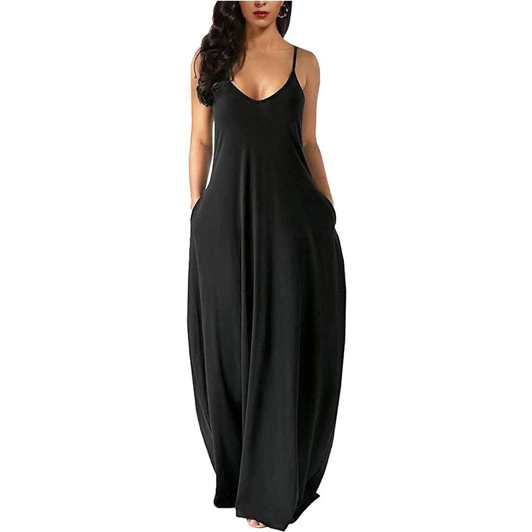 Womens Casual Sleeveless Plus Size Loose Plain Long Maxi Dress with Pockets Image 1