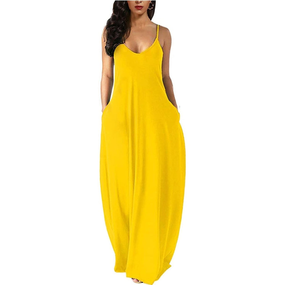 Womens Casual Sleeveless Plus Size Loose Plain Long Maxi Dress with Pockets Image 2