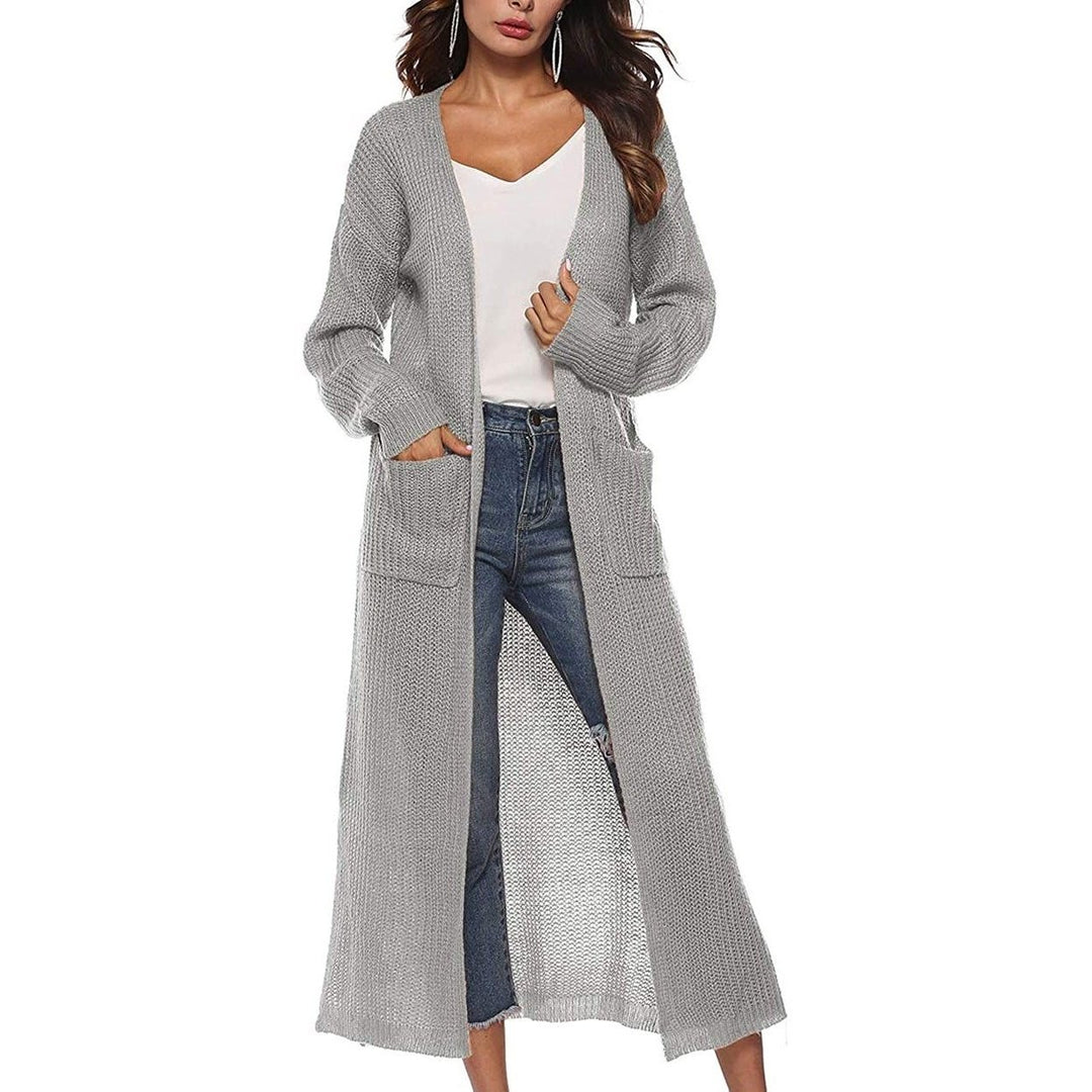 Womens Casual Long Sleeve Split Open Cardigan Knit Long Cardigan Sweaters with Pockets Image 3