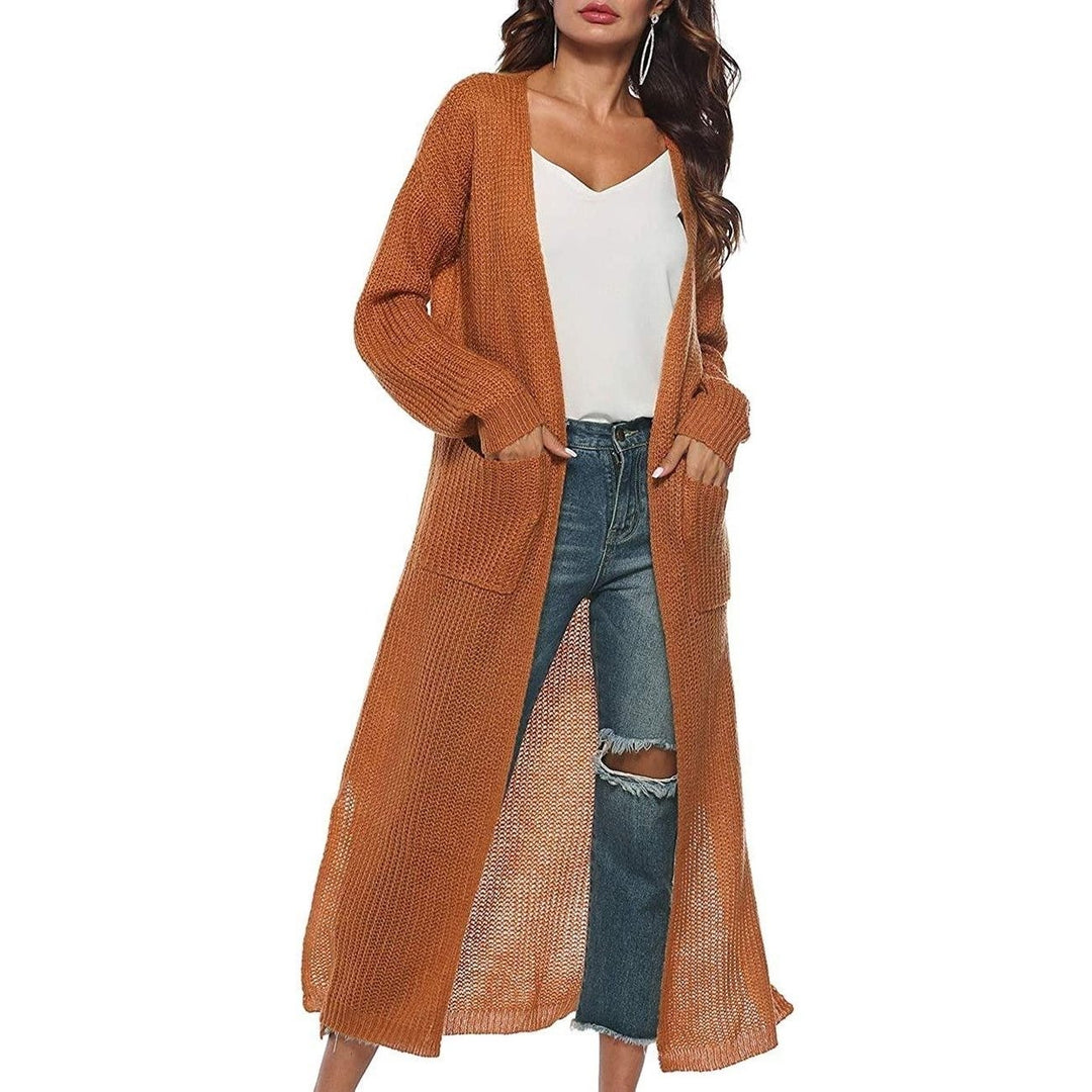 Womens Casual Long Sleeve Split Open Cardigan Knit Long Cardigan Sweaters with Pockets Image 8