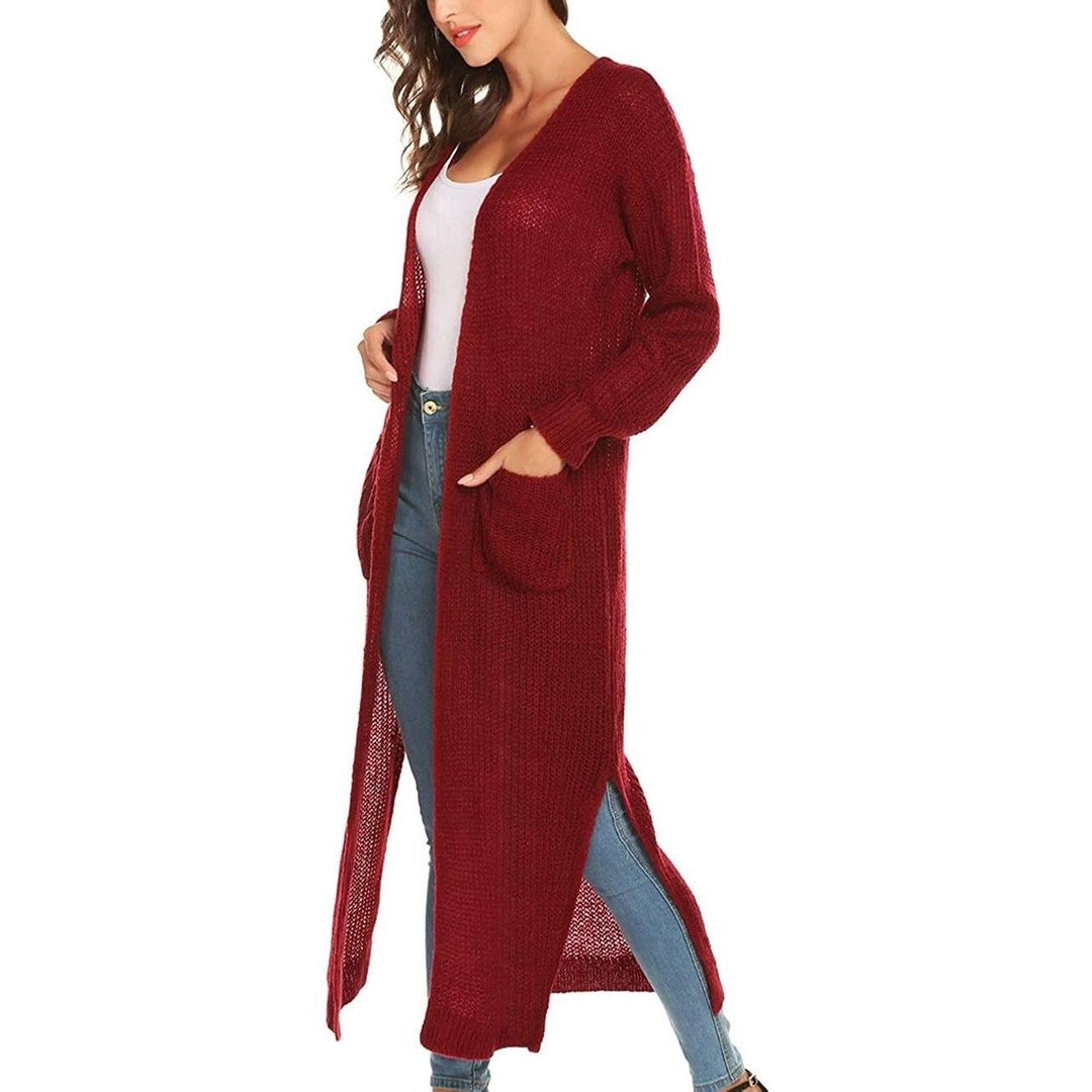 Womens Casual Long Sleeve Split Open Cardigan Knit Long Cardigan Sweaters with Pockets Image 11