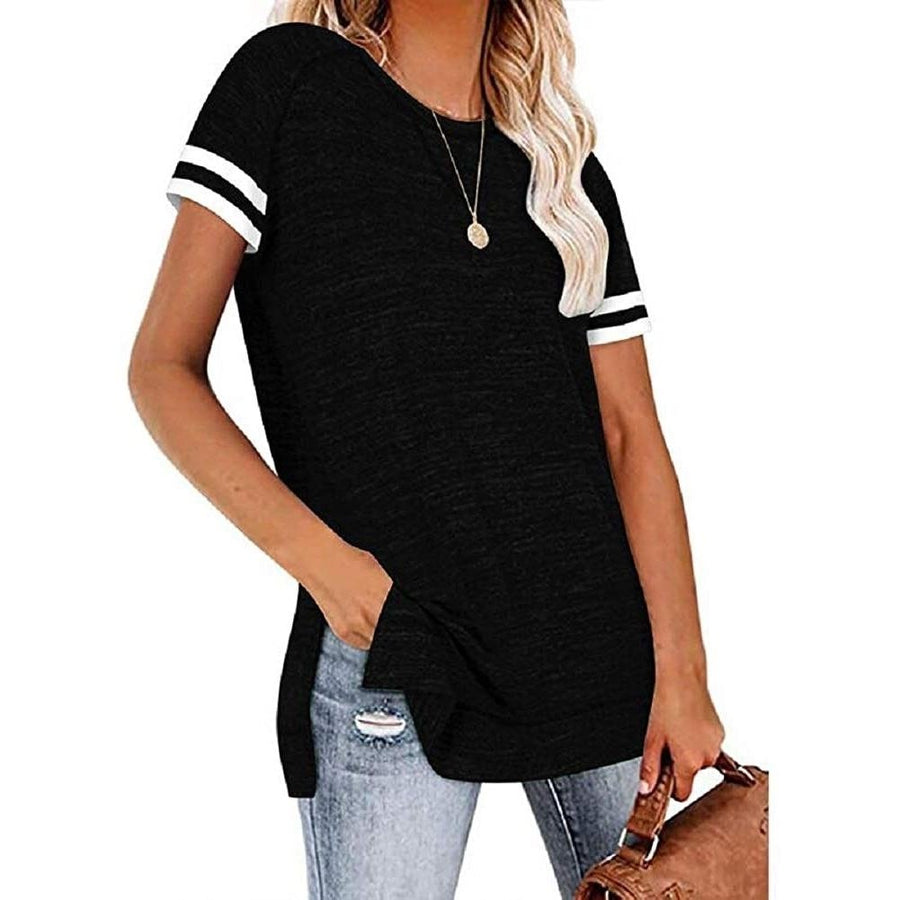 Womens Casual Tunic Tops Short Sleeve Crewneck Side Split Color Block T-Shirt Image 1