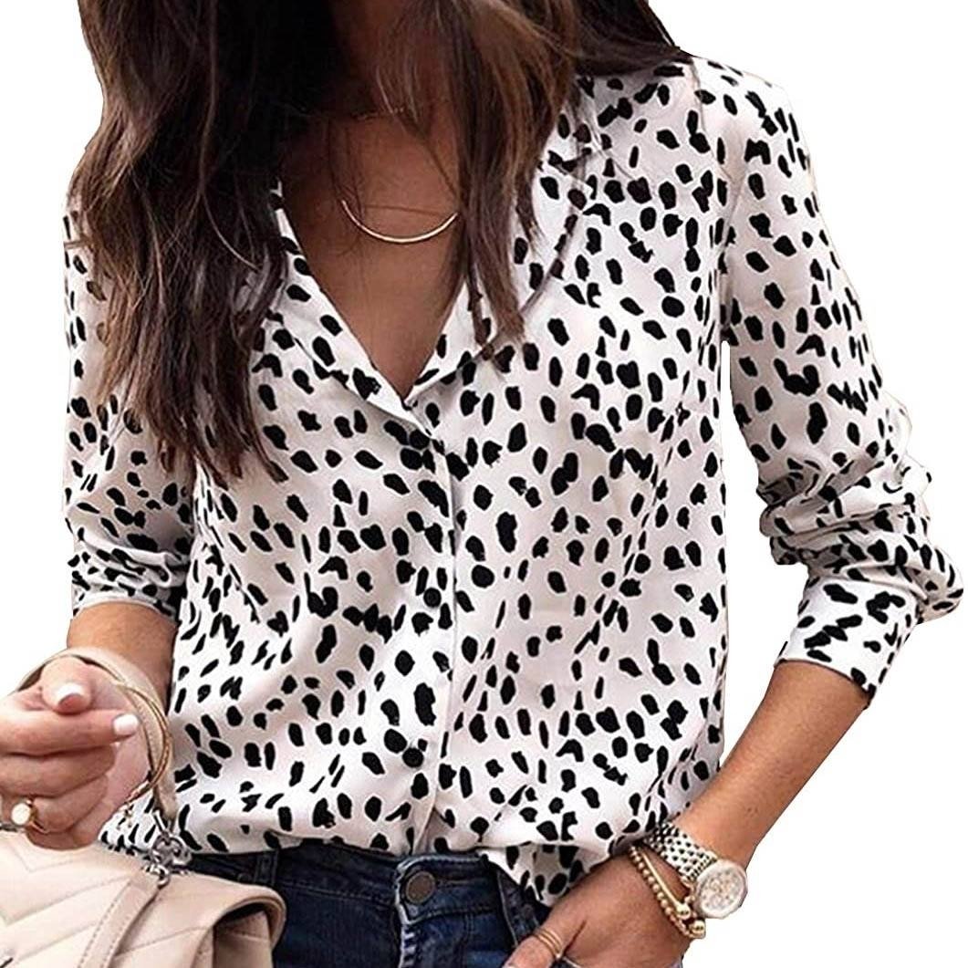 Womens Casual Tops V Neck Leopard Tunic Long Sleeve Button Down Shirts Top Image 1