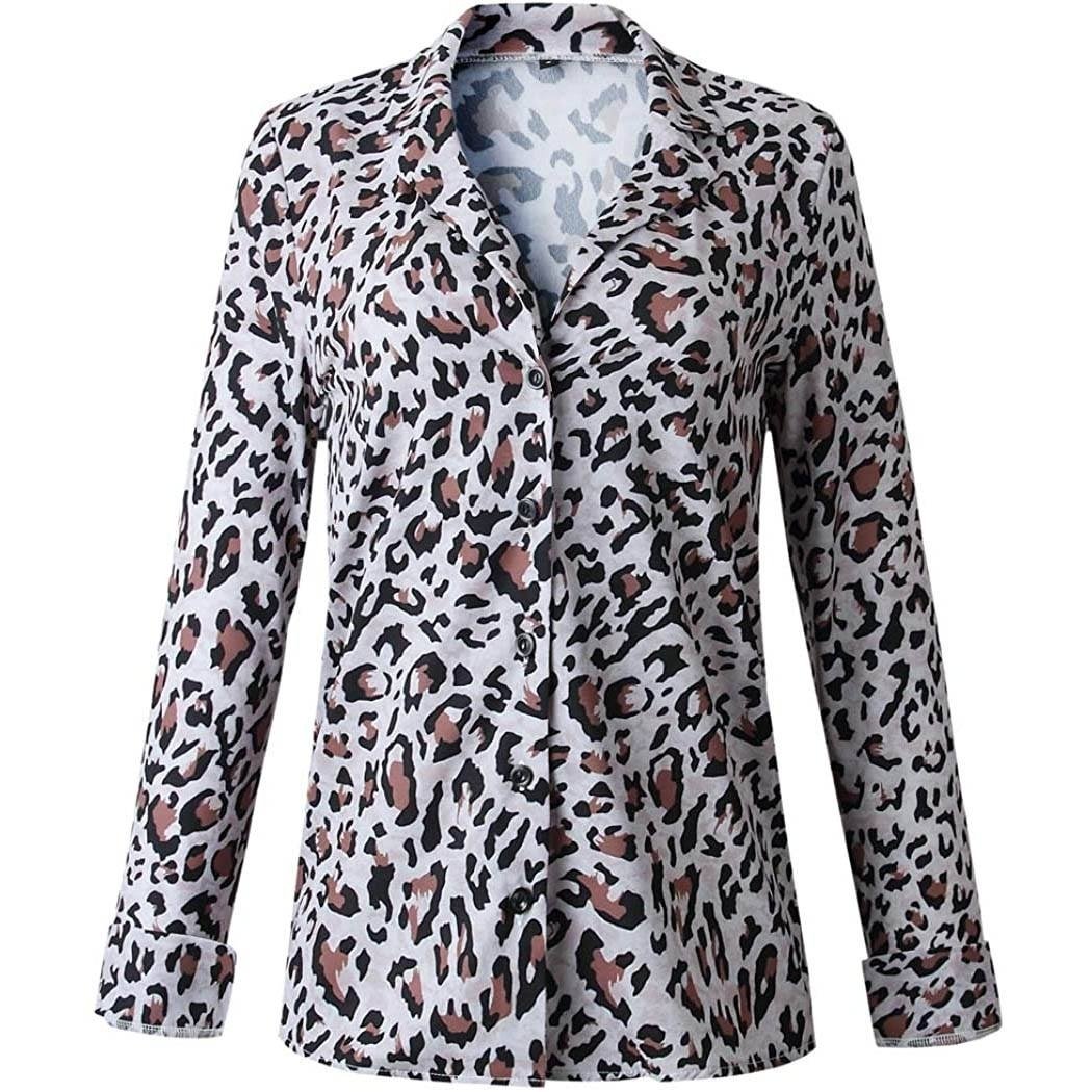 Womens Casual Tops V Neck Leopard Tunic Long Sleeve Button Down Shirts Top Image 2