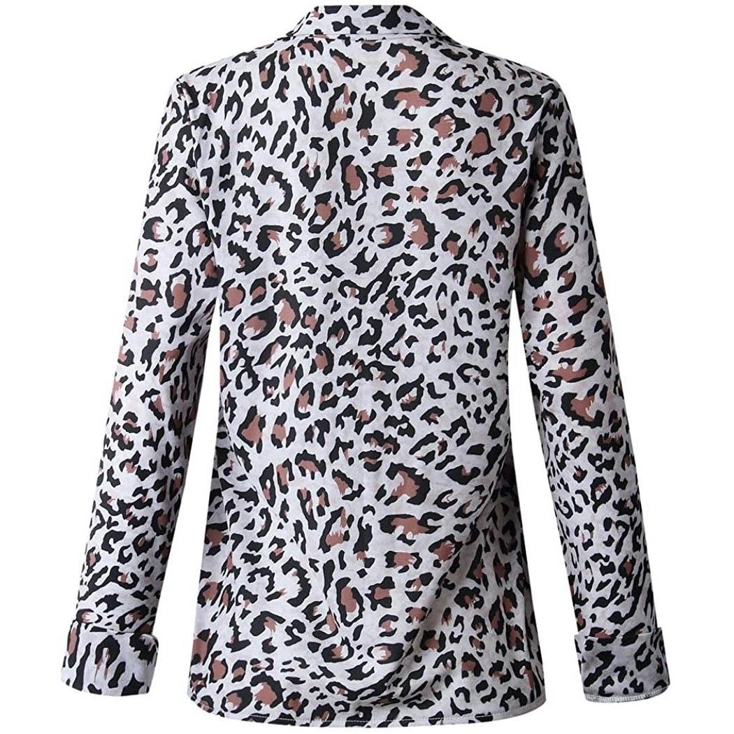 Womens Casual Tops V Neck Leopard Tunic Long Sleeve Button Down Shirts Top Image 3