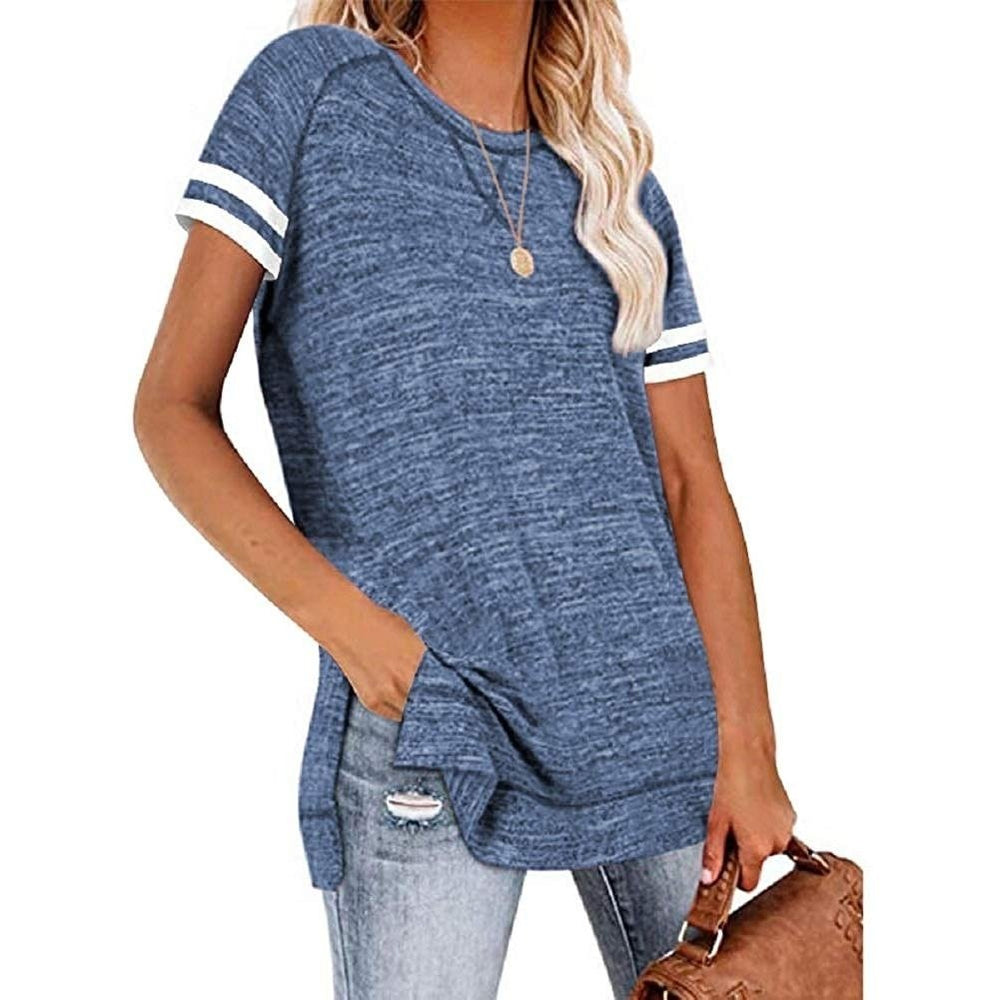 Womens Casual Tunic Tops Short Sleeve Crewneck Side Split Color Block T-Shirt Image 2