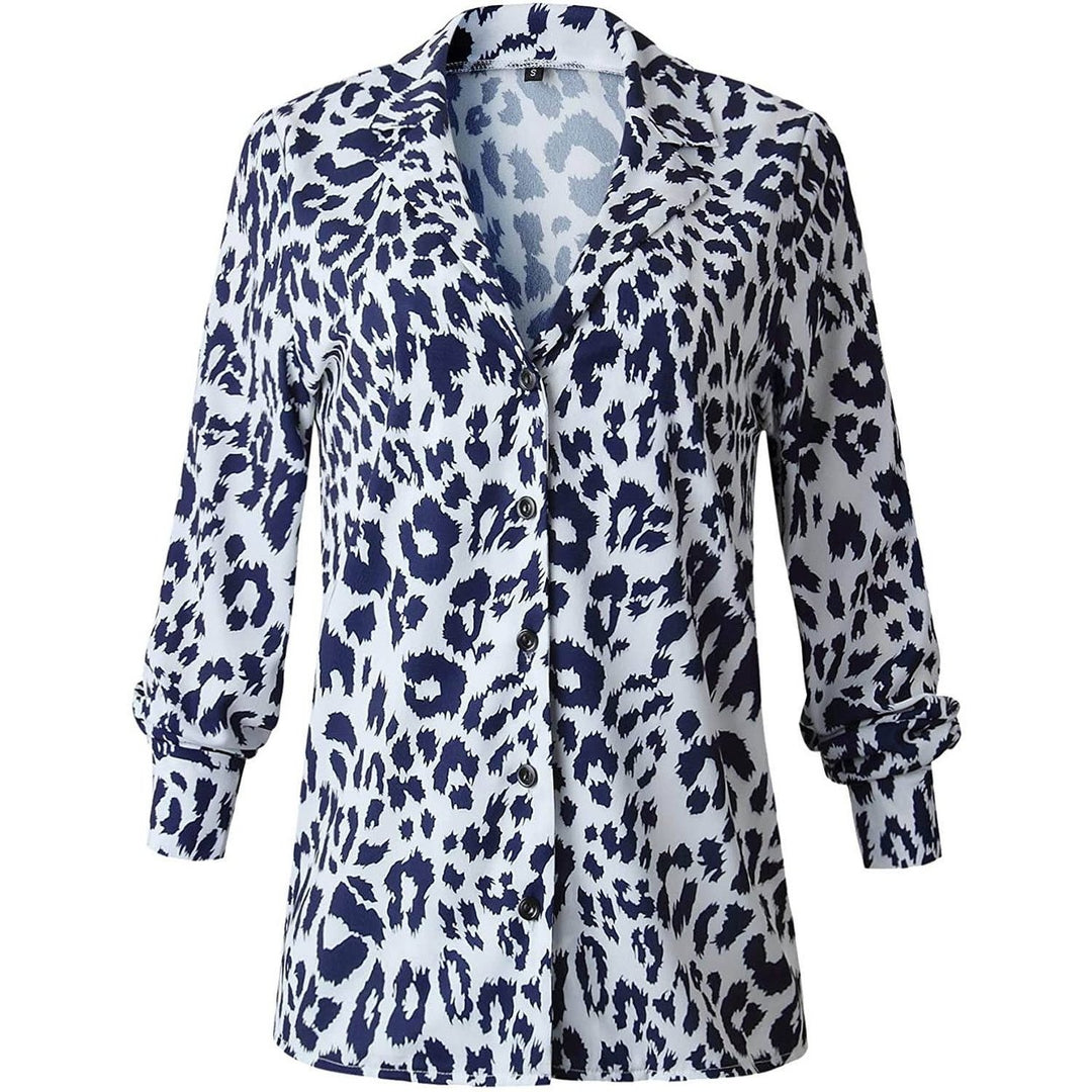 Womens Casual Tops V Neck Leopard Tunic Long Sleeve Button Down Shirts Top Image 4