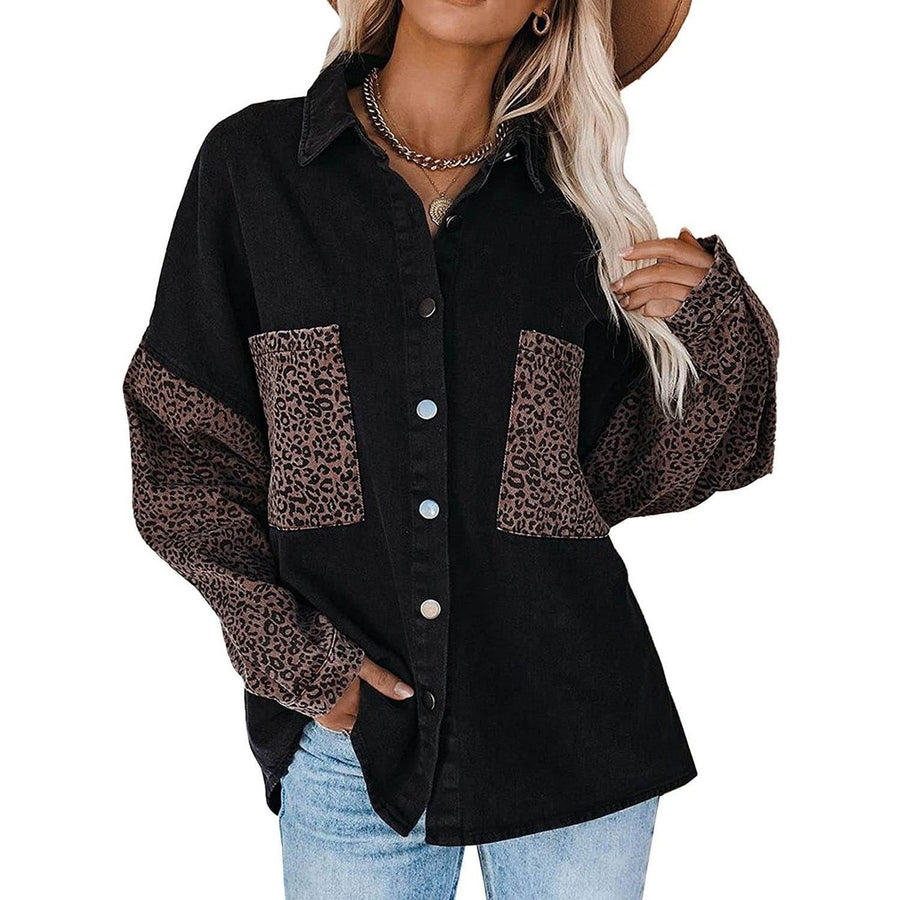 Womens Contrast Leopard Denim Jacket Long Sleeve Button Down Shirts Image 1