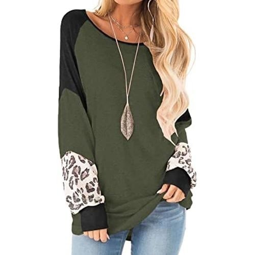 Womens Color Block Pullover Leopard Print Sweatshirt Image 1