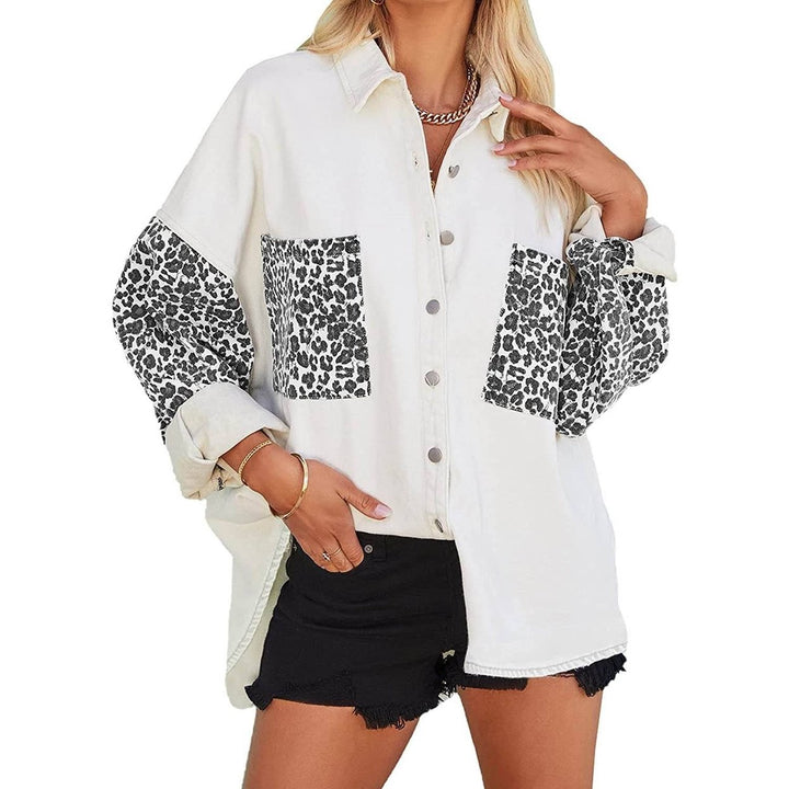 Womens Contrast Leopard Denim Jacket Long Sleeve Button Down Shirts Image 4