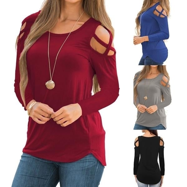 Womens Fashion Casual Loose Tunic Long Sleeved Shoulder Shirt Image 1