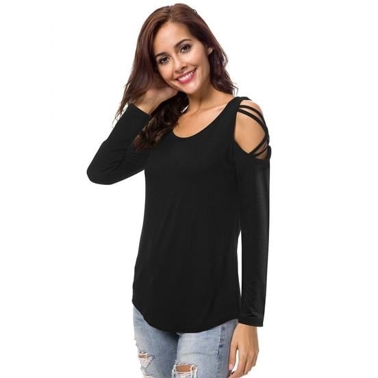 Womens Fashion Casual Loose Tunic Long Sleeved Shoulder Shirt Image 9