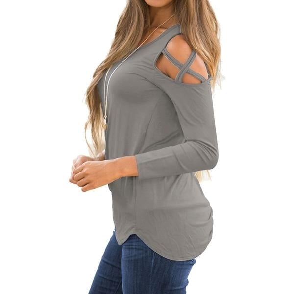 Womens Fashion Casual Loose Tunic Long Sleeved Shoulder Shirt Image 12