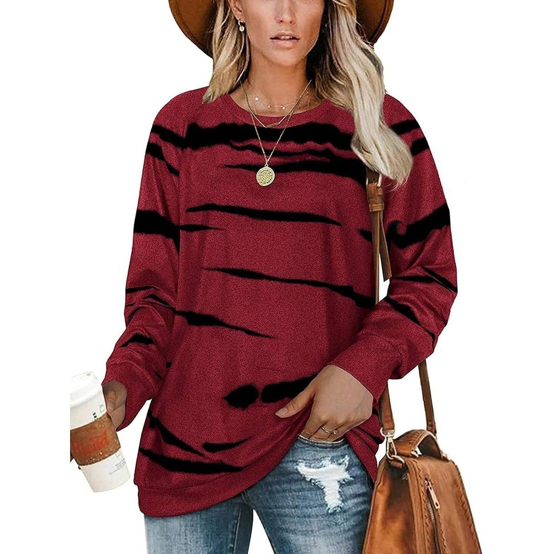 Womens Crewneck Long Sleeve Sweatshirts Striped Casual Tops Printed Loose Pullover Shirts Image 4