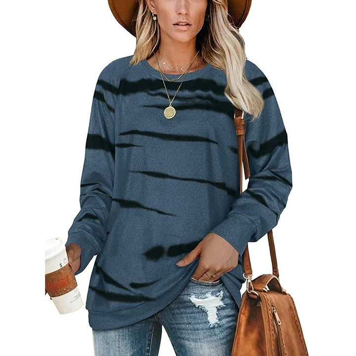 Womens Crewneck Long Sleeve Sweatshirts Striped Casual Tops Printed Loose Pullover Shirts Image 7