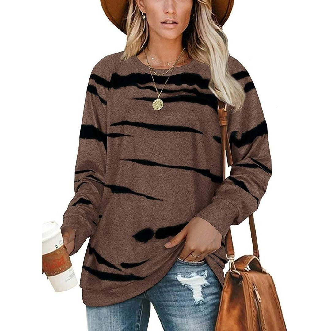 Womens Crewneck Long Sleeve Sweatshirts Striped Casual Tops Printed Loose Pullover Shirts Image 9