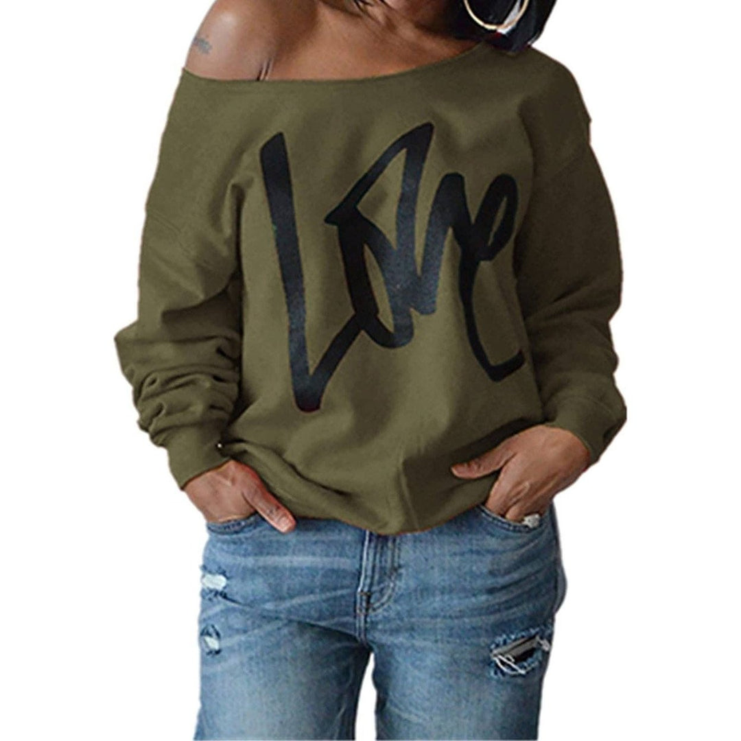 Womens Love Letter Printed Off Shoulder Pullover Sweatshirt Slouchy Tops Shirts Image 1