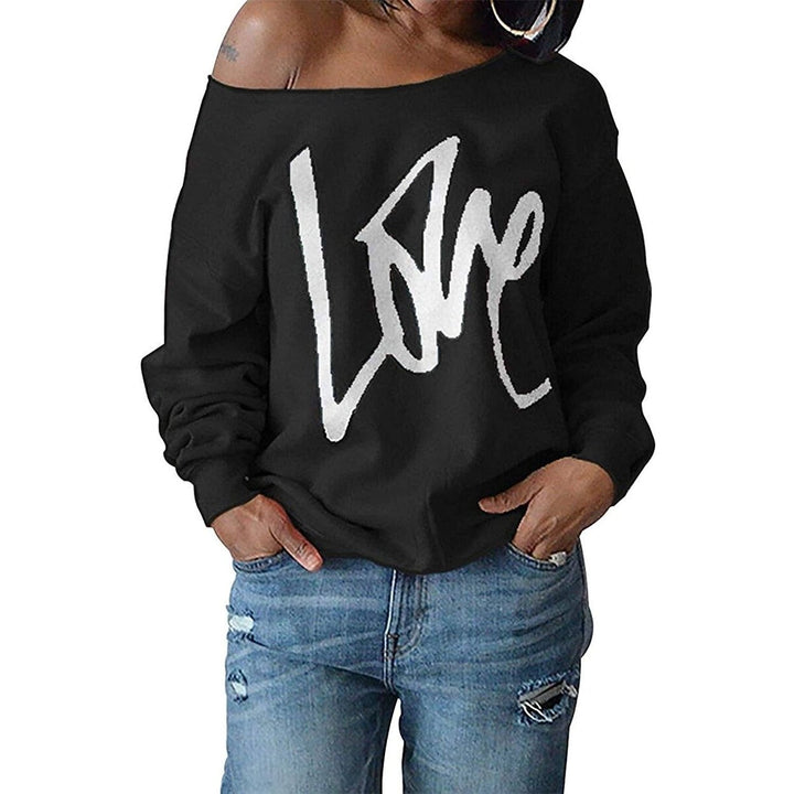 Womens Love Letter Printed Off Shoulder Pullover Sweatshirt Slouchy Tops Shirts Image 2