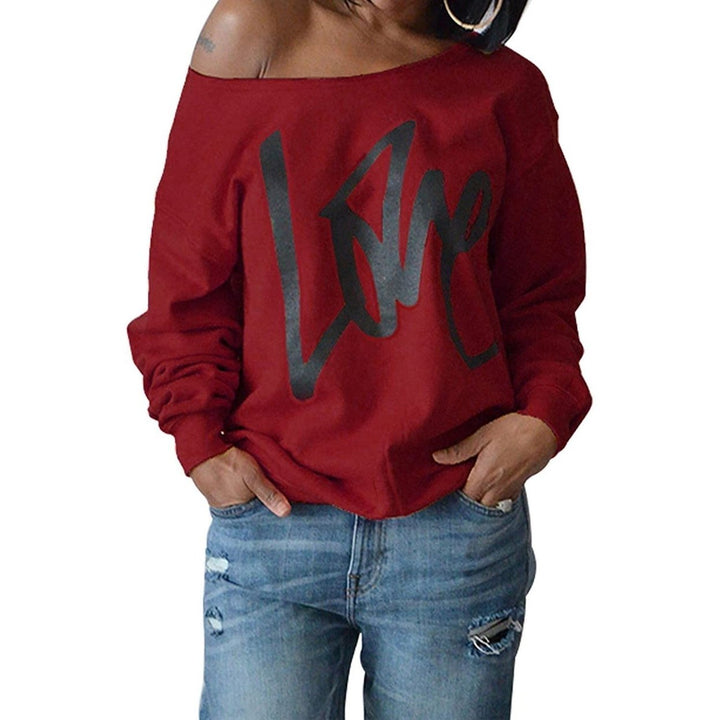 Womens Love Letter Printed Off Shoulder Pullover Sweatshirt Slouchy Tops Shirts Image 3