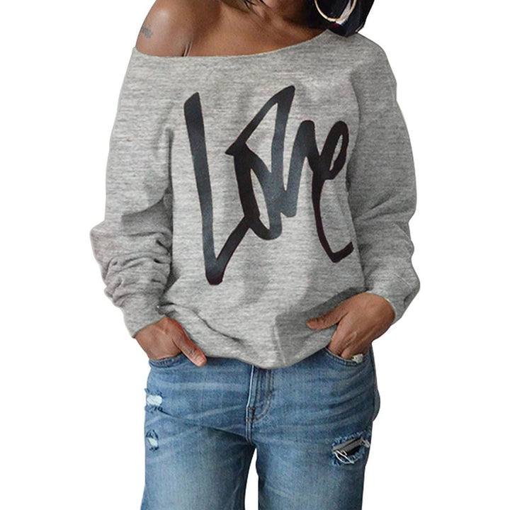 Womens Love Letter Printed Off Shoulder Pullover Sweatshirt Slouchy Tops Shirts Image 4