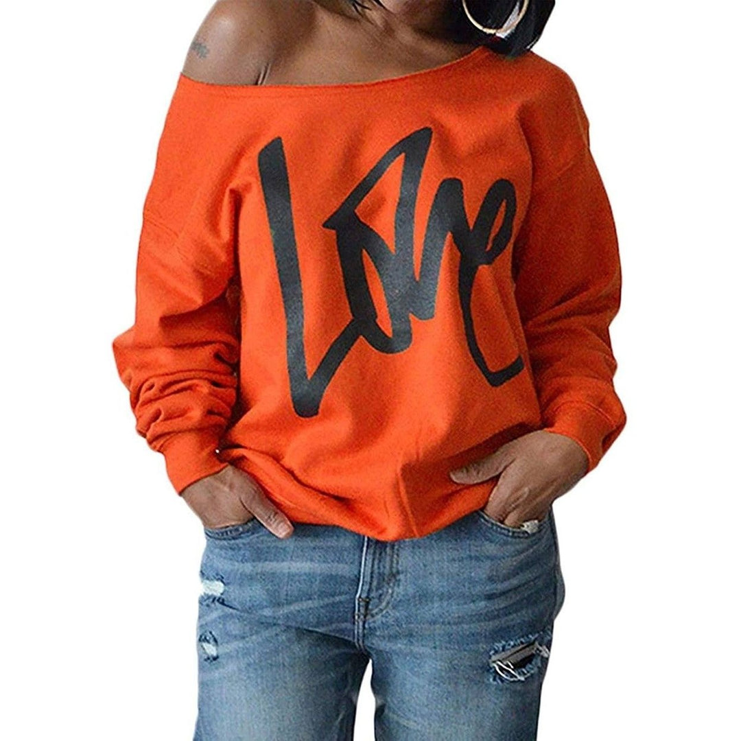 Womens Love Letter Printed Off Shoulder Pullover Sweatshirt Slouchy Tops Shirts Image 4