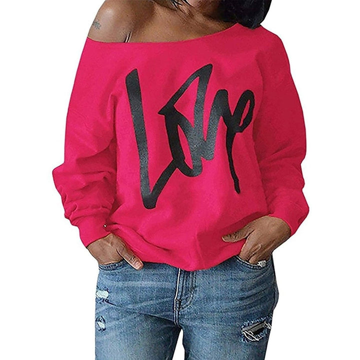 Womens Love Letter Printed Off Shoulder Pullover Sweatshirt Slouchy Tops Shirts Image 6