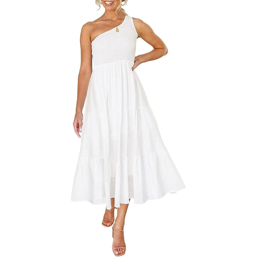 Womens One Shoulder Sleeveless Smocked Ruffle Tiered Beach Long Midi Dress Image 3